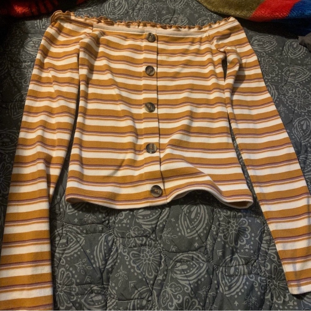 Aeropostale Yellow and White Striped Long Sleeve Top